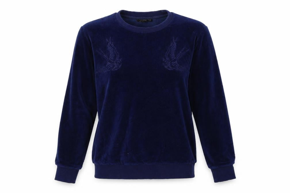 Front view of Brave Soul women’s blue pullover sweatshirt, size S