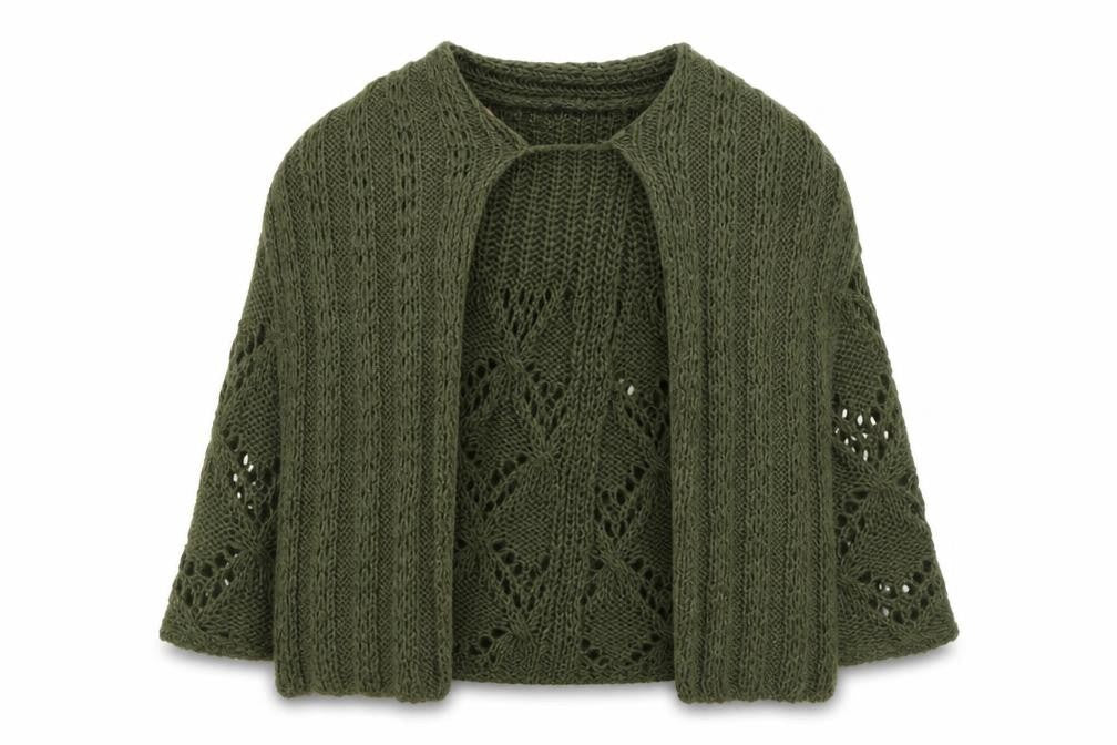 Front view of F&F girls’ green shrug jumper, size 7-8, years