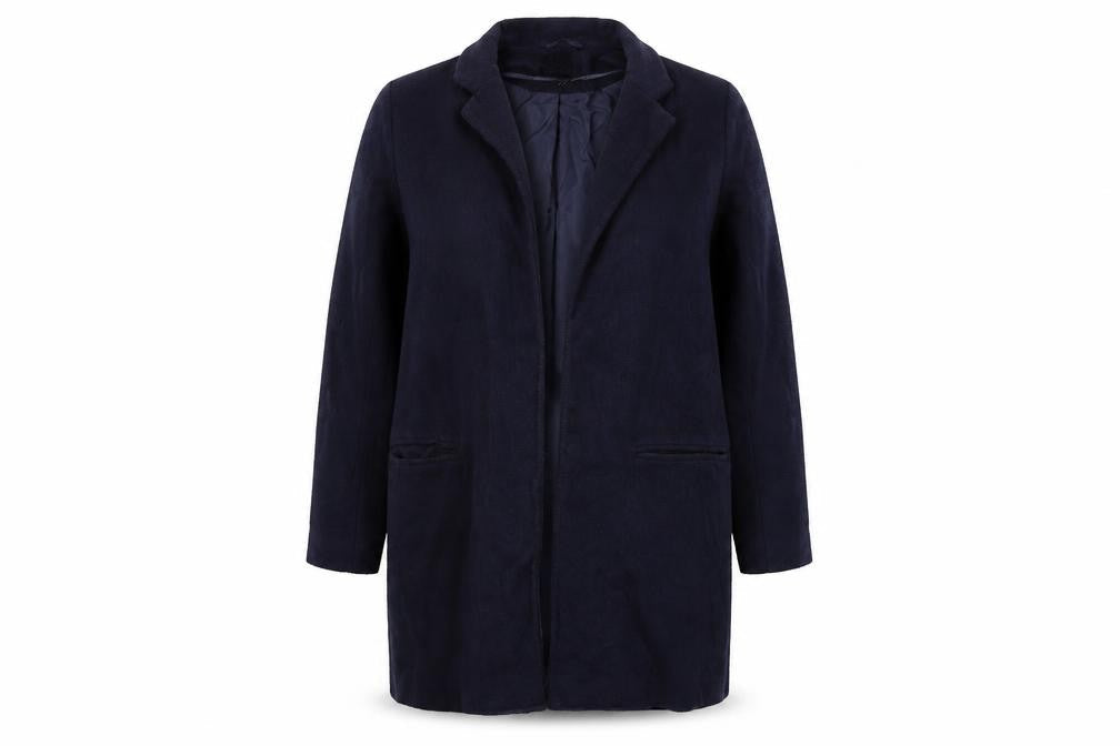 Front view of New Look women’s blue overcoat coat, size UK 12