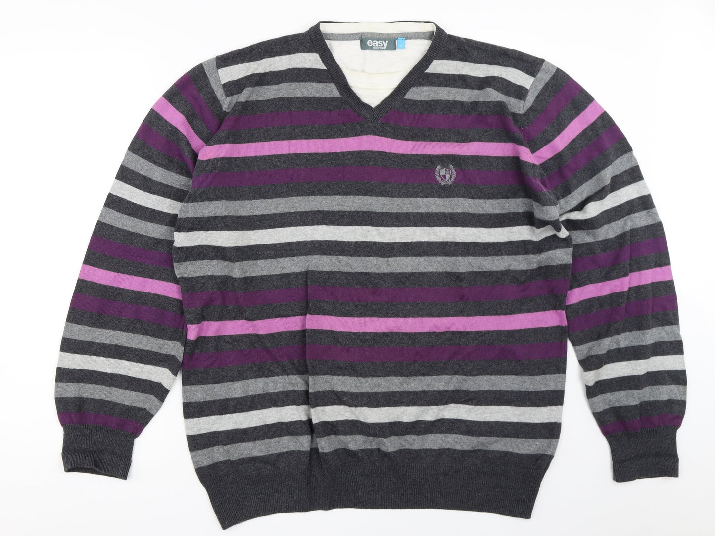 Easy Mens Grey Striped  Pullover Jumper Size L