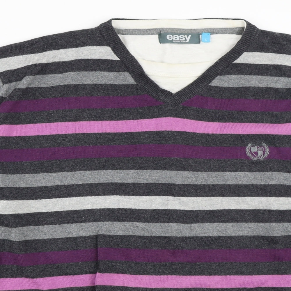 Easy Mens Grey Striped  Pullover Jumper Size L