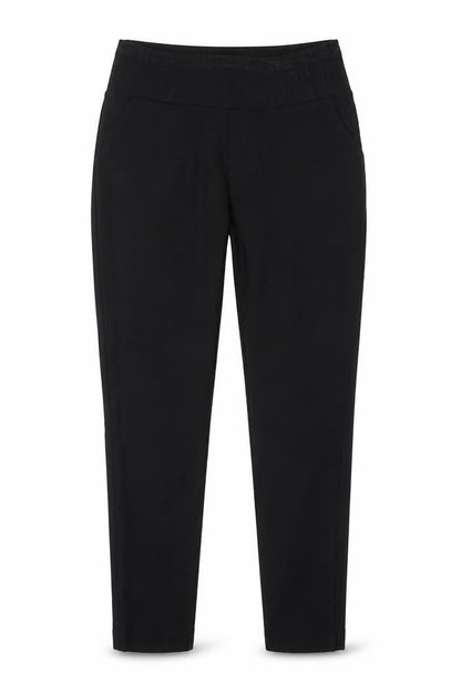 Front view of Preworn women’s black trousers, size L, 25-inch leg