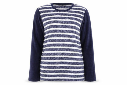 Front view of Hudson's Bay women’s blue striped top pyjama top, size S