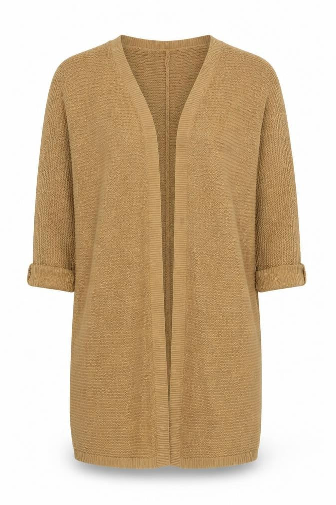 Front view of Boohoo women’s brown knit cardigan jumper, size L