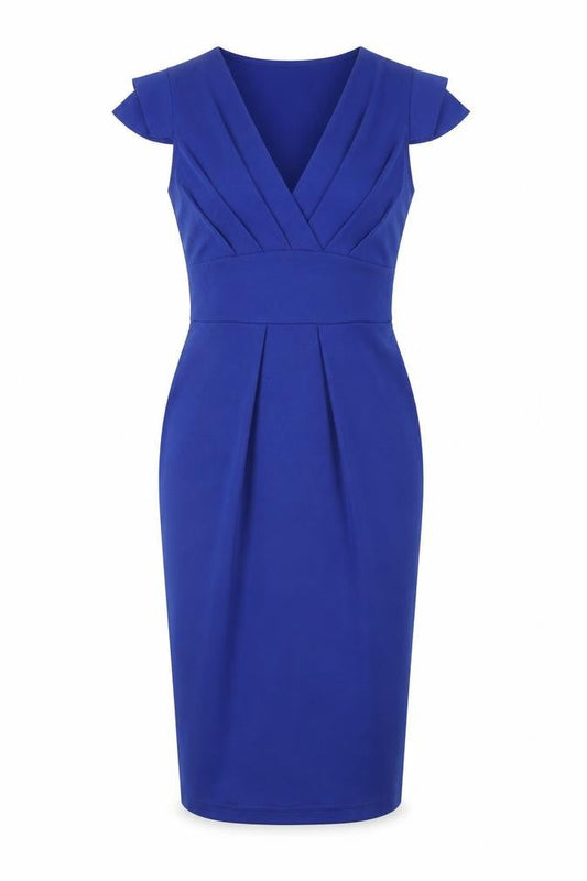 Front view of Billie & Blossom women’s blue pencil dress, size UK 8
