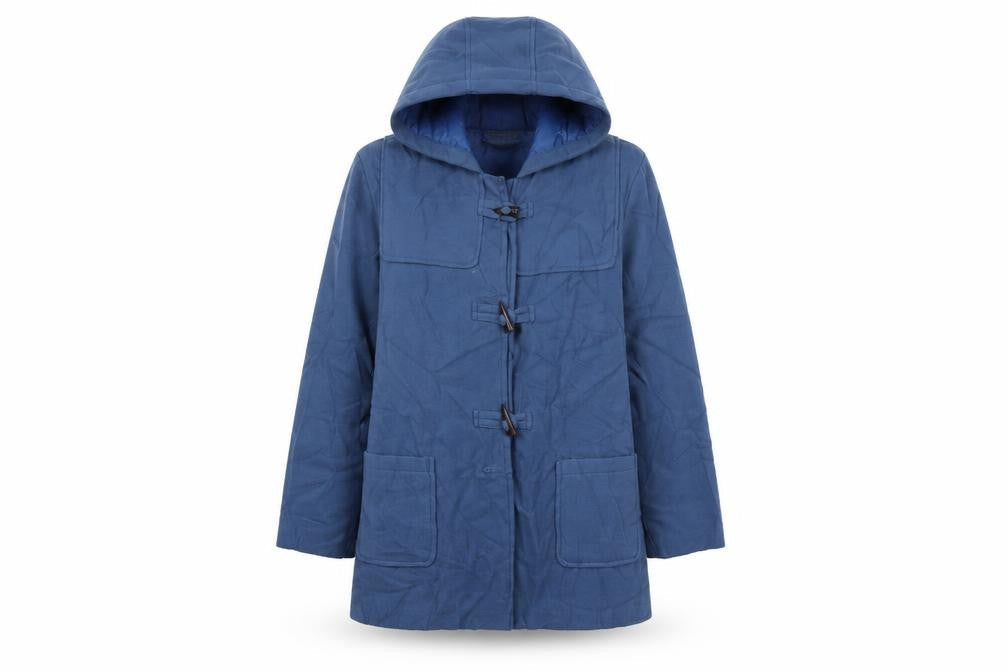 Front view of anne de lancay women’s blue overcoat coat, size XL
