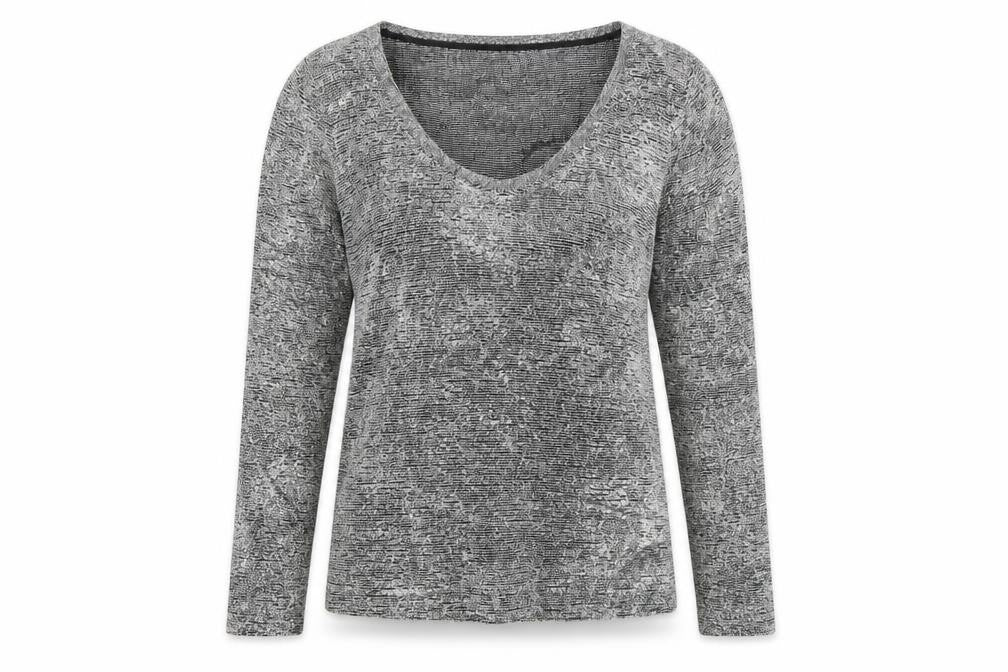 Front view of Emreco women’s silver jumper, size UK 8