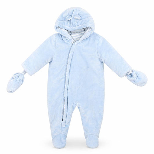 Front view of Preworn Baby Blue Babygrow One-Piece, size 18, Months