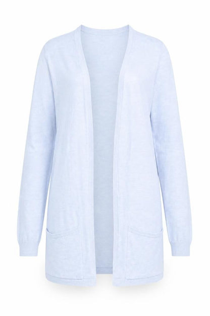 Front view of F&F women’s blue cardigan jumper, size UK 10