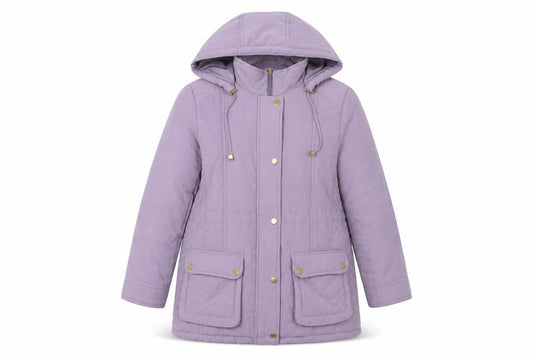 Front view of Isle women’s purple parka coat, size UK 12