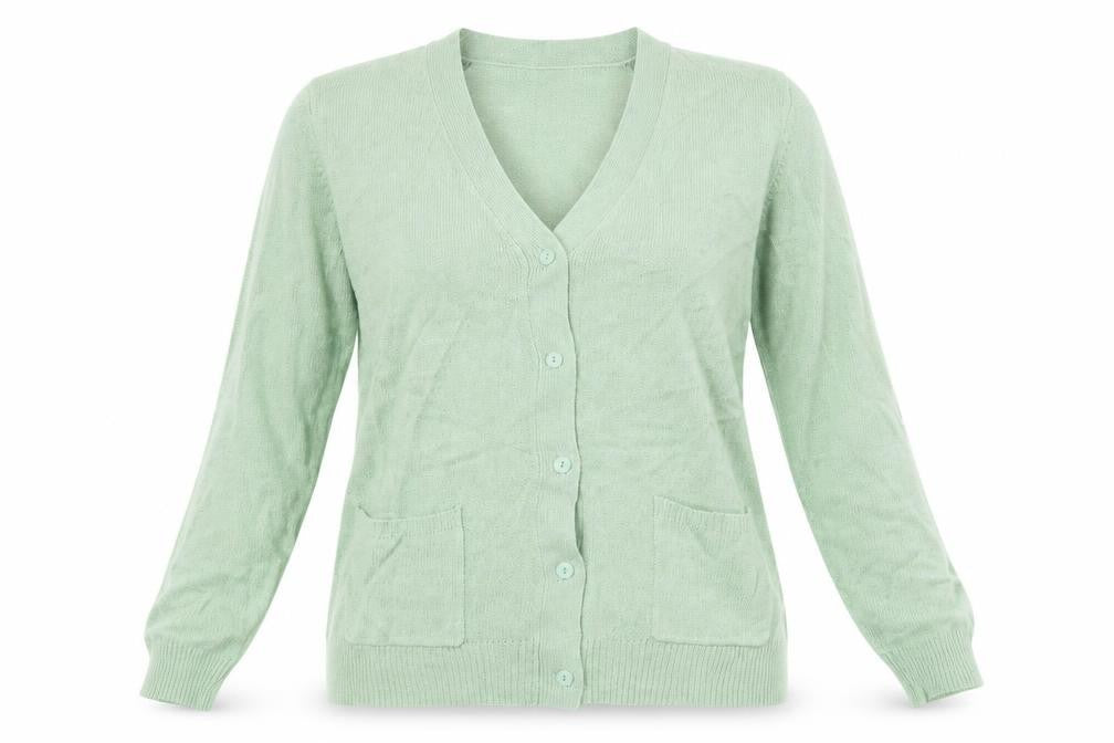 Front view of Damart women’s green cardigan jumper, size M