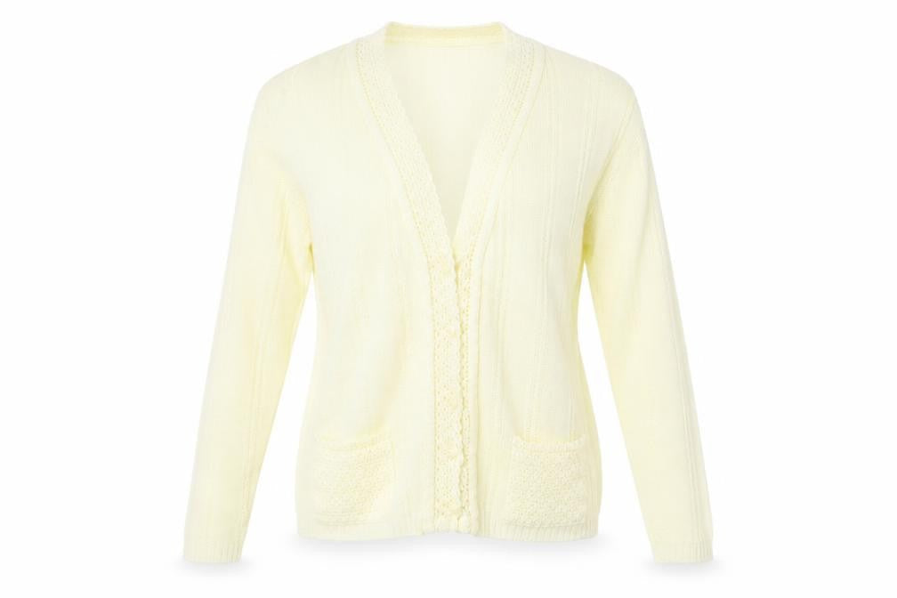 Front view of Preworn women’s ivory cardigan jumper, size L
