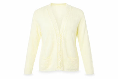Front view of Preworn women’s ivory cardigan jumper, size L