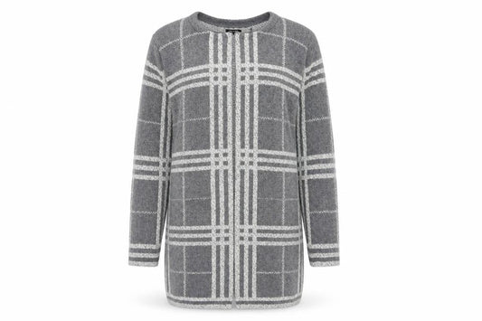 Front view of Mia Moda women’s grey plaid cardigan jumper, size L
