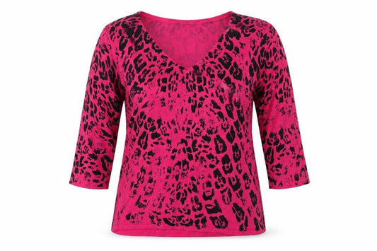 Front view of sky designs women’s pink animal print jumper, size UK 2