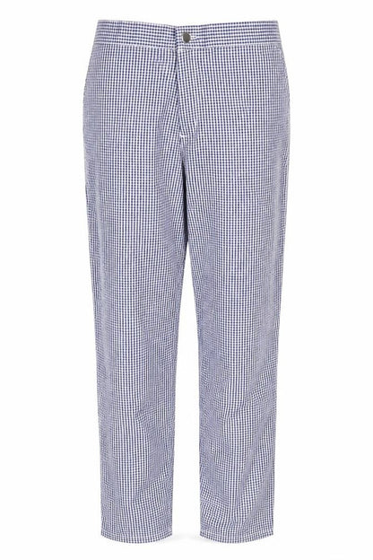 Front view of Alexandria women’s blue check trousers, size UK 14, 30-inch leg