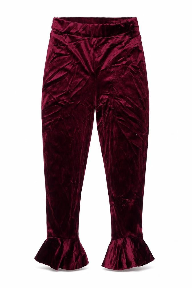Front view of Boohoo women’s purple trousers, size UK 6, 22-inch leg