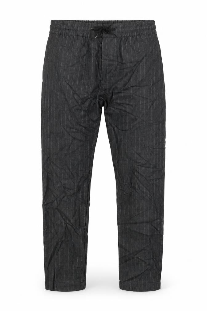 Front view of Topman men’s grey striped trousers, size 32, in, 32-inch leg