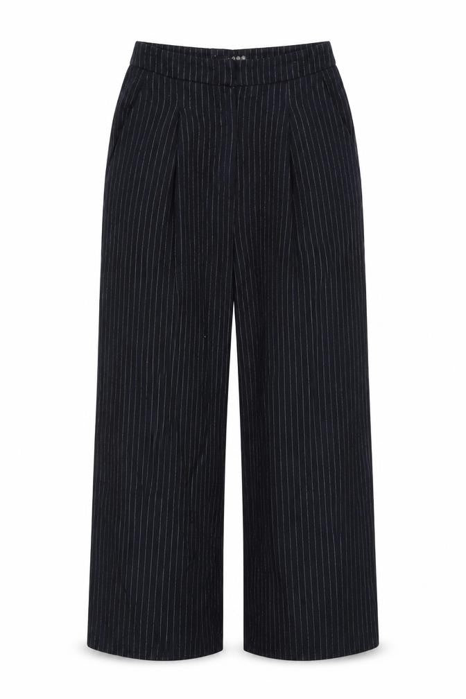 Front view of Atmosphere women’s blue striped trousers, size UK 10, 20-inch leg