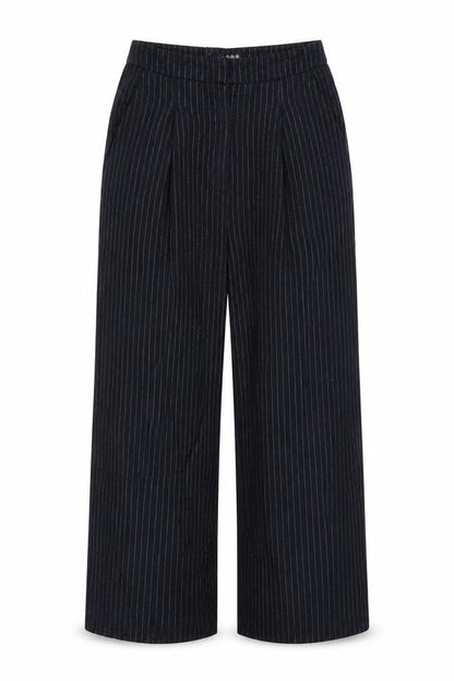 Front view of Atmosphere women’s blue striped trousers, size UK 10, 20-inch leg