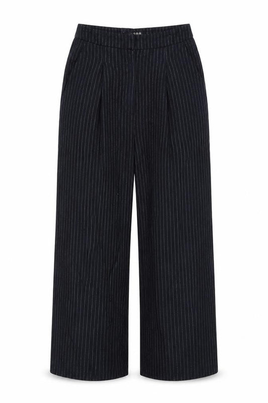 Front view of Atmosphere women’s blue striped trousers, size UK 10, 20-inch leg