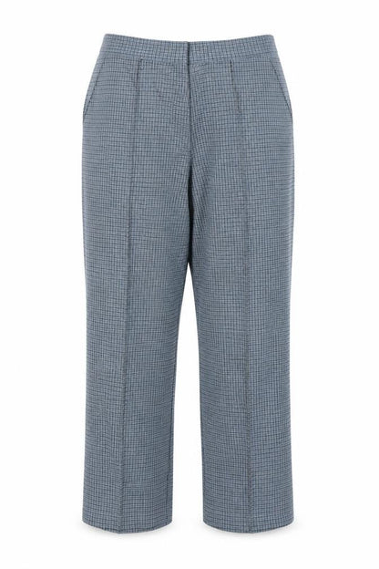 Front view of Marks & Spencer women’s blue check trousers, size UK 12, 22-inch leg