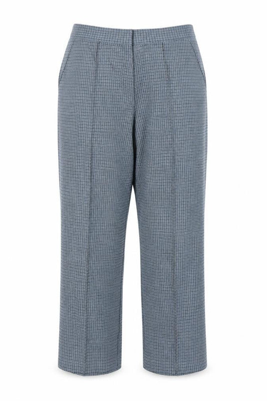 Front view of Marks & Spencer women’s blue check trousers, size UK 12, 22-inch leg