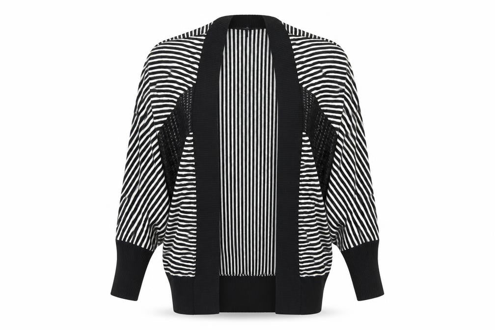 Front view of River Island women’s black striped cardigan jumper, size UK 6