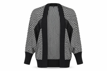 Front view of River Island women’s black striped cardigan jumper, size UK 6