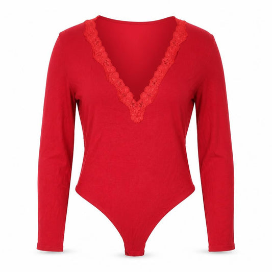 Front view of PRETTYLITTLETHING women’s red bodysuit one-piece, size UK 10