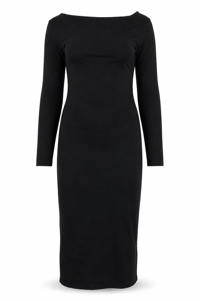 Front view of Boohoo women’s black t-shirt dress, size UK 8