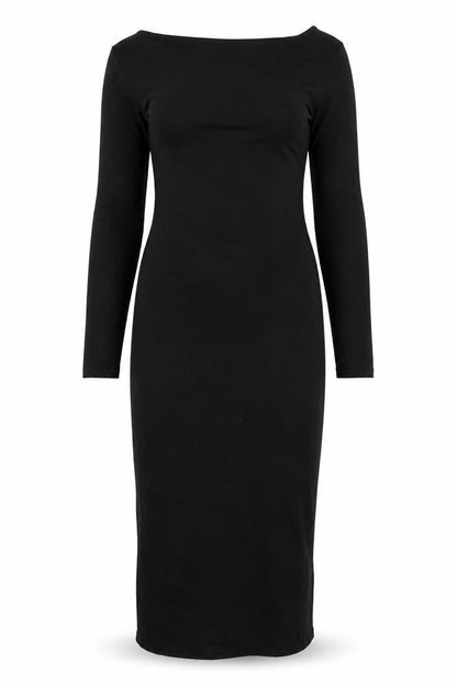 Front view of Boohoo women’s black t-shirt dress, size UK 8