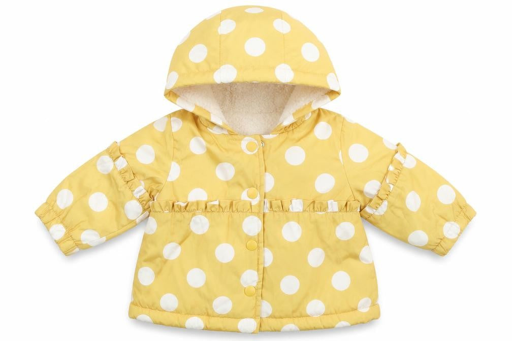 Front view of Nutmeg girls’ yellow polka dot jacket coat, size 0-3, months