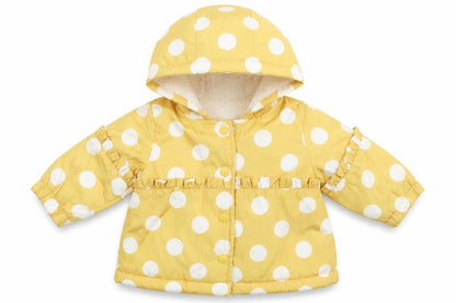 Front view of Nutmeg girls’ yellow polka dot jacket coat, size 0-3, months
