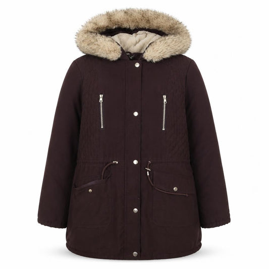 Front view of Bonmarché women’s purple rain coat coat, size UK 12