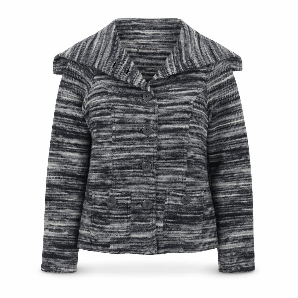 Front view of Principles women’s grey striped knit cardigan jumper, size UK 12