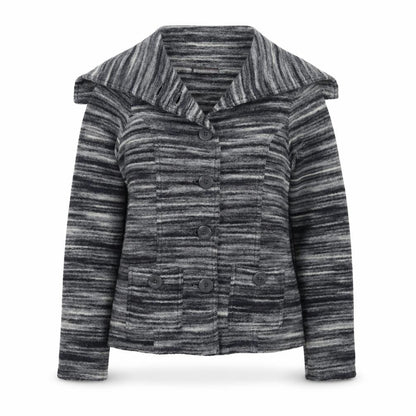 Front view of Principles women’s grey striped knit cardigan jumper, size UK 12