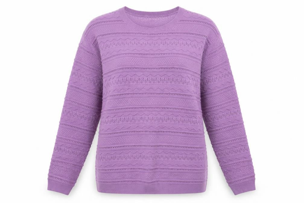 Front view of EWM women’s purple pullover sweatshirt, size L