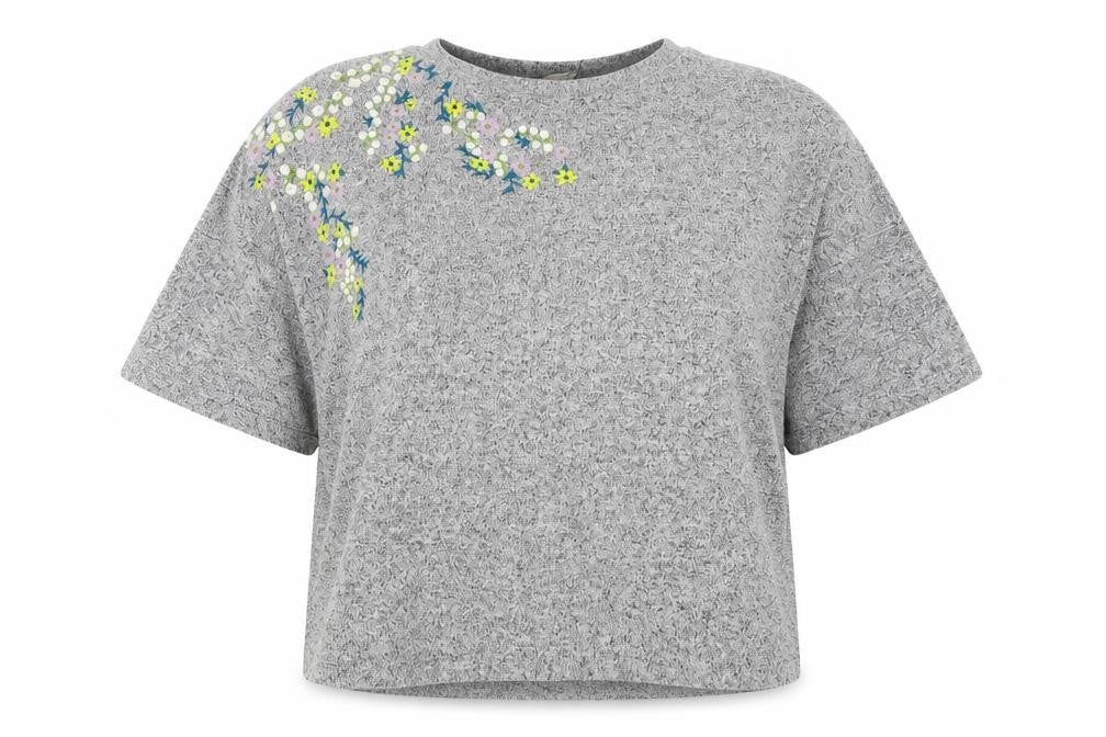 Front view of H&M women’s grey pullover sweatshirt, size L