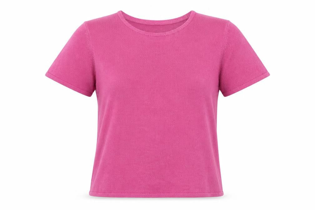 Front view of Love Knitwear women’s pink basic t-shirt, size UK 10