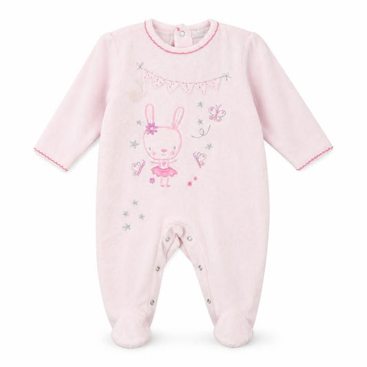 Front view of Zip Zap girls’ pink babygrow one-piece, size 3-6, months