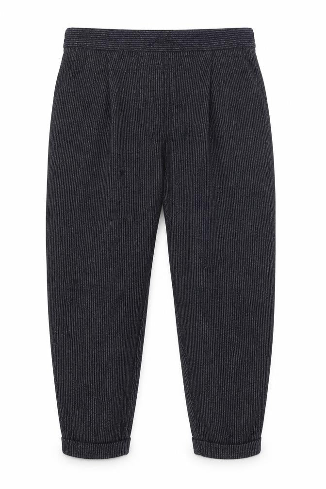Front view of Marks & Spencer men’s blue striped jogger trousers, size 18, 22-inch leg