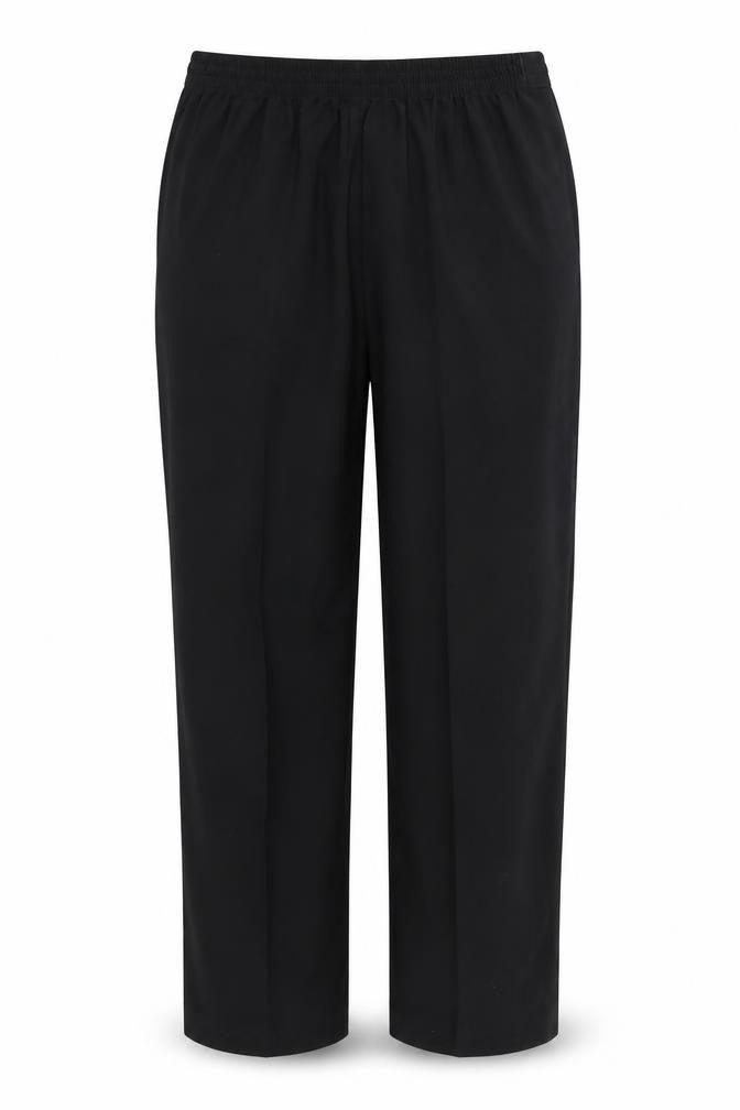Front view of Preworn women’s black trousers, size UK 14, 26-inch leg
