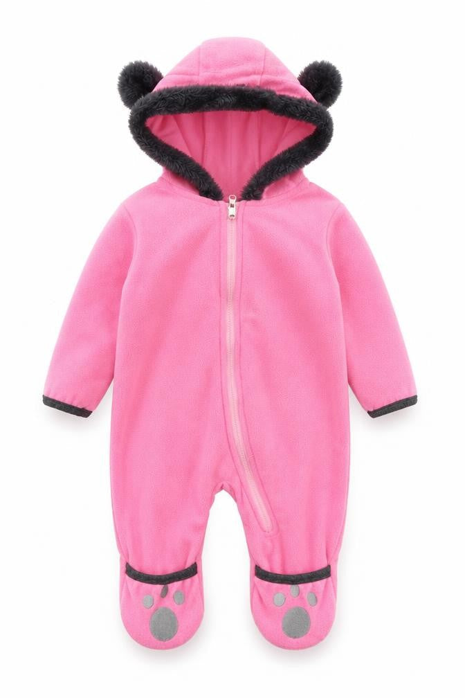 Front view of Rorychen girls’ pink romper one-piece, size 6-9, months