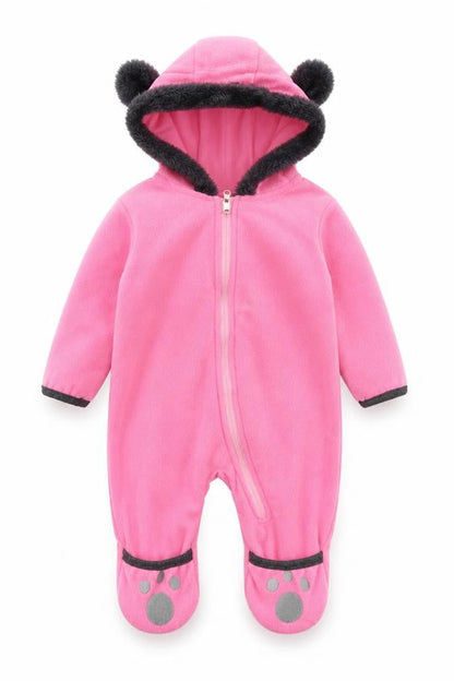 Front view of Rorychen girls’ pink romper one-piece, size 6-9, months