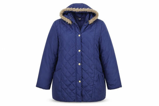 Front view of Anne De Lancay women’s blue quilted coat, size M