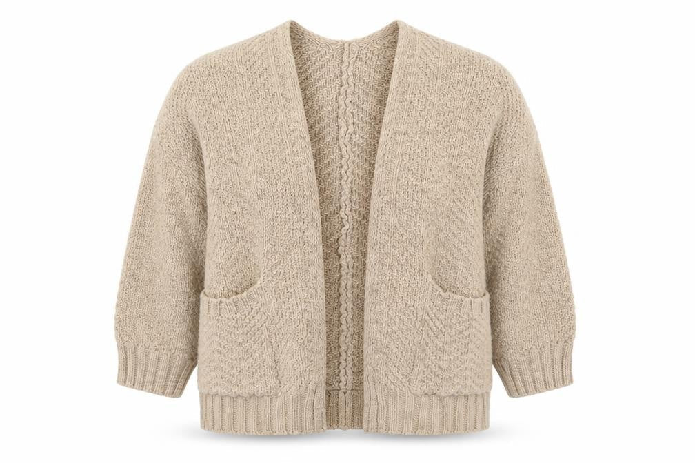 Front view of Preworn women’s beige cardigan jumper, size M