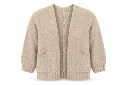 Front view of Preworn women’s beige cardigan jumper, size M