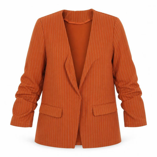 Front view of Villa women’s brown striped jacket, size S