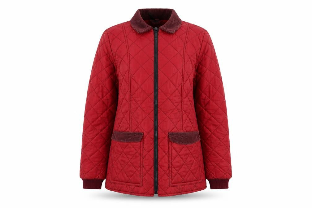 Front view of Preworn women’s red rain coat coat, size UK 10